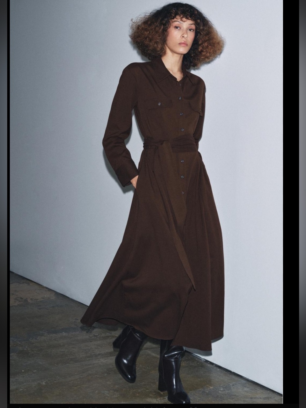 Zara Brown Midi Shirt Dress with Belt